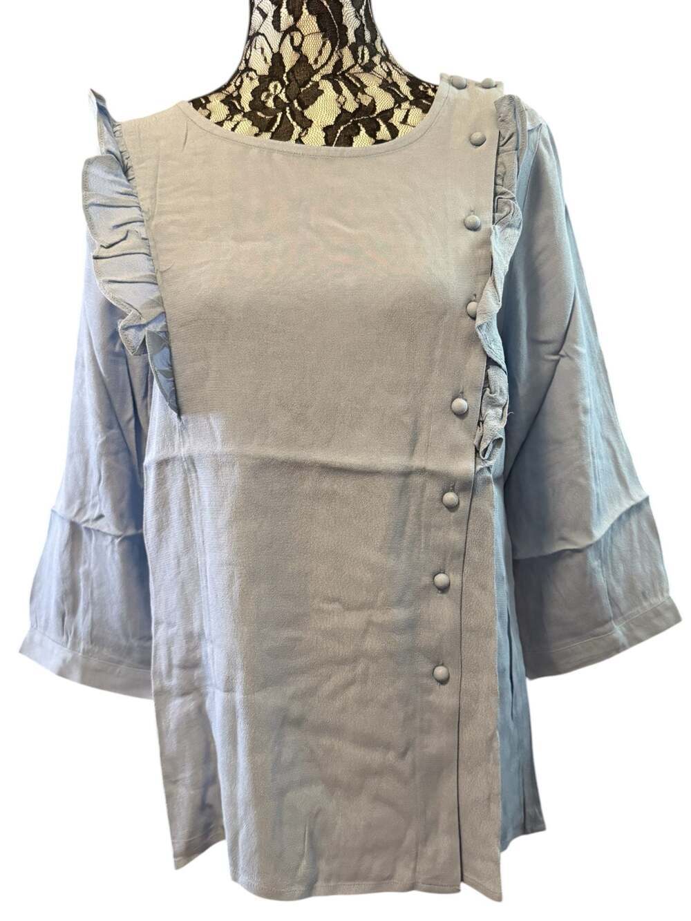 Tulip B Ruffle Button Detail Blouse Light Blue Bell Sleeve Top Size L NWT